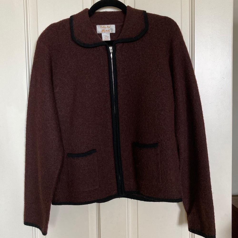 Tally Ho Brown Wool Sweater Jacket with Black Trim